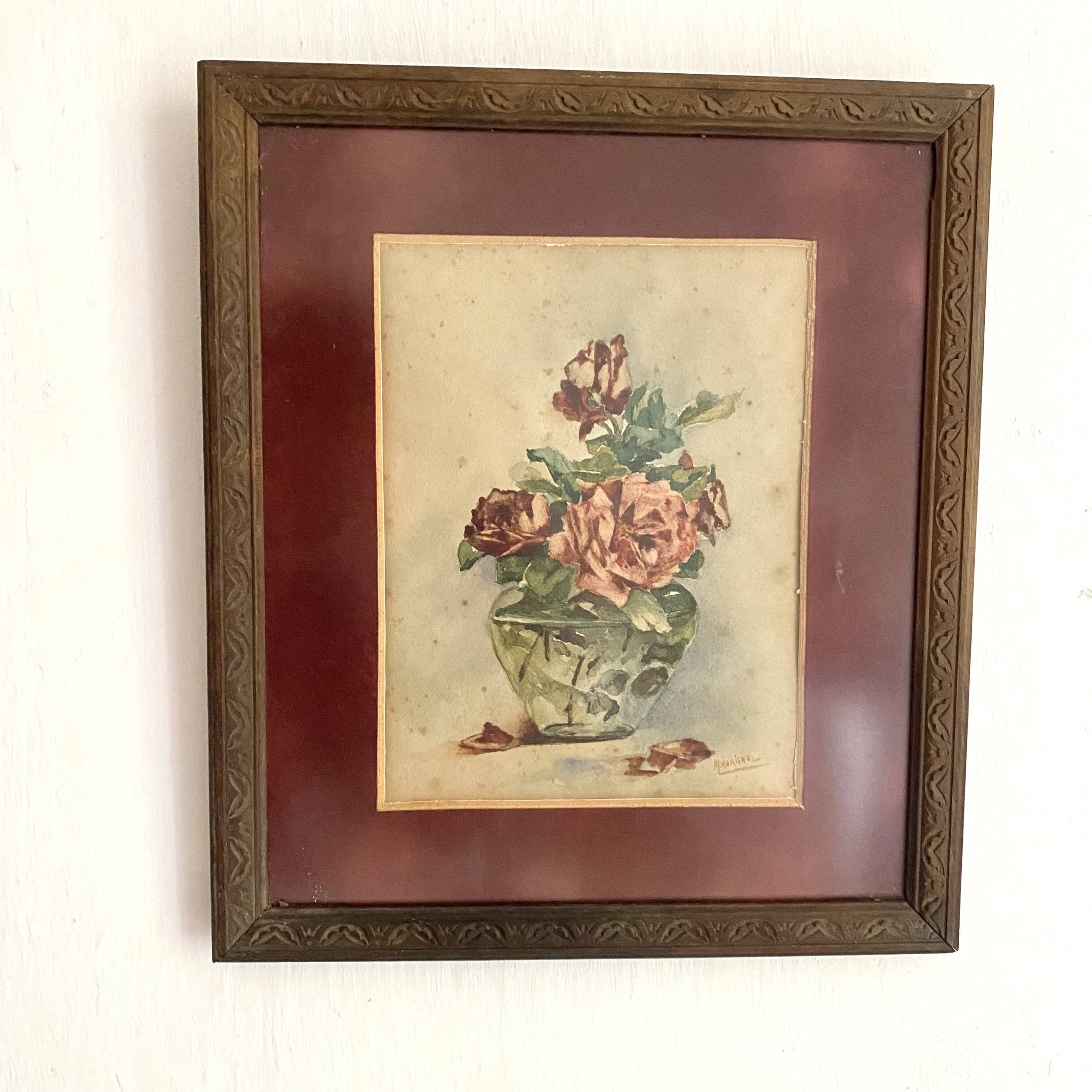 Aquarelle ancienne bouquet de roses
