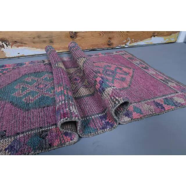 Vintage Purple Pink Natural Turkish Hand-Knotted Runner 82x355