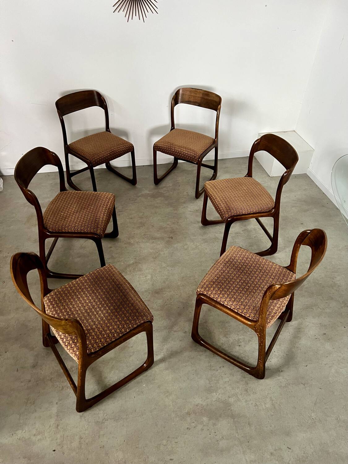 Set of 6 old baumann design sled chairs from the 60s wood and fabric