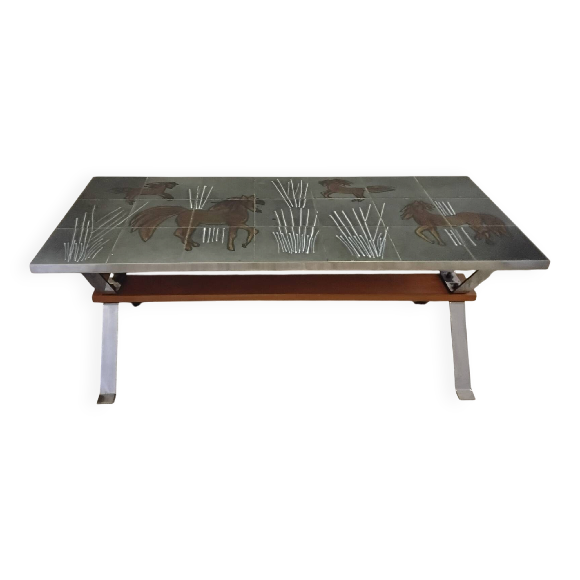 Table basse années 70 à décor de chevaux