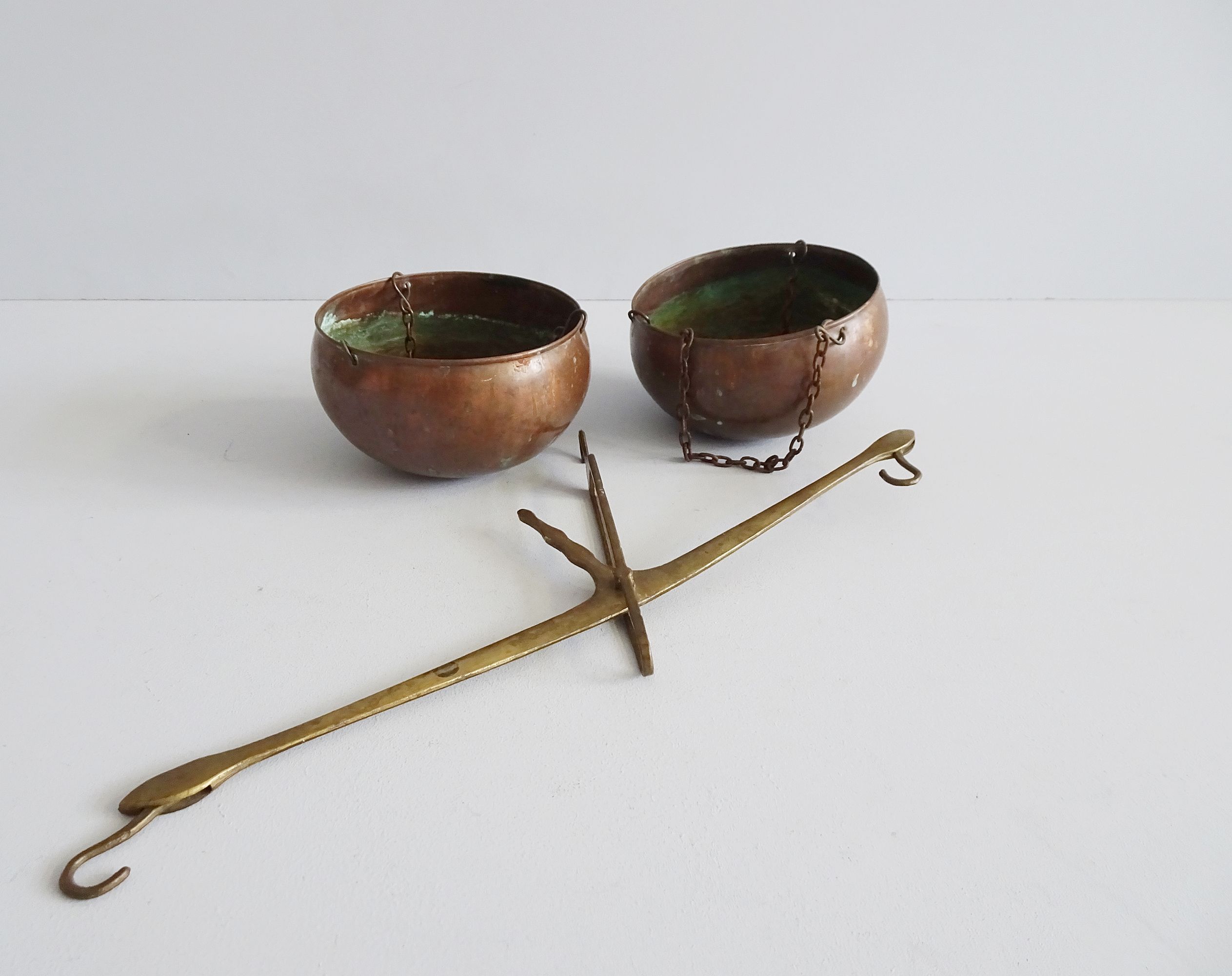 Hanging scales, antique brass and copper scales, hanging basket