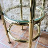 Vintage faux bamboo pedestal table in brass with 2 glass shelves