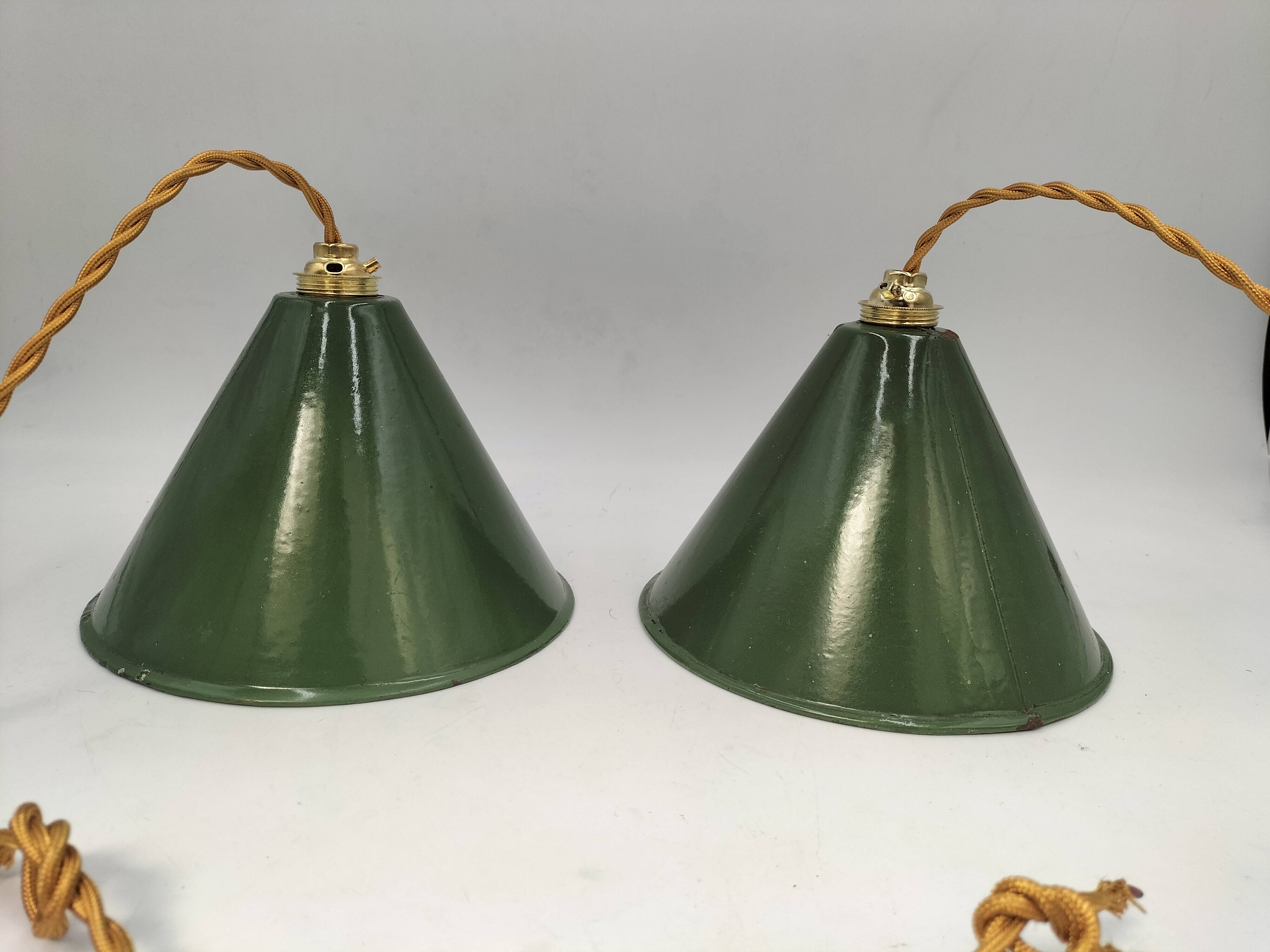 2 enameled sheet metal cone pendants