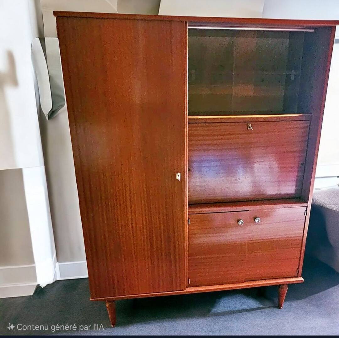 1960s teak veneer secretary with sliding display cabinet.