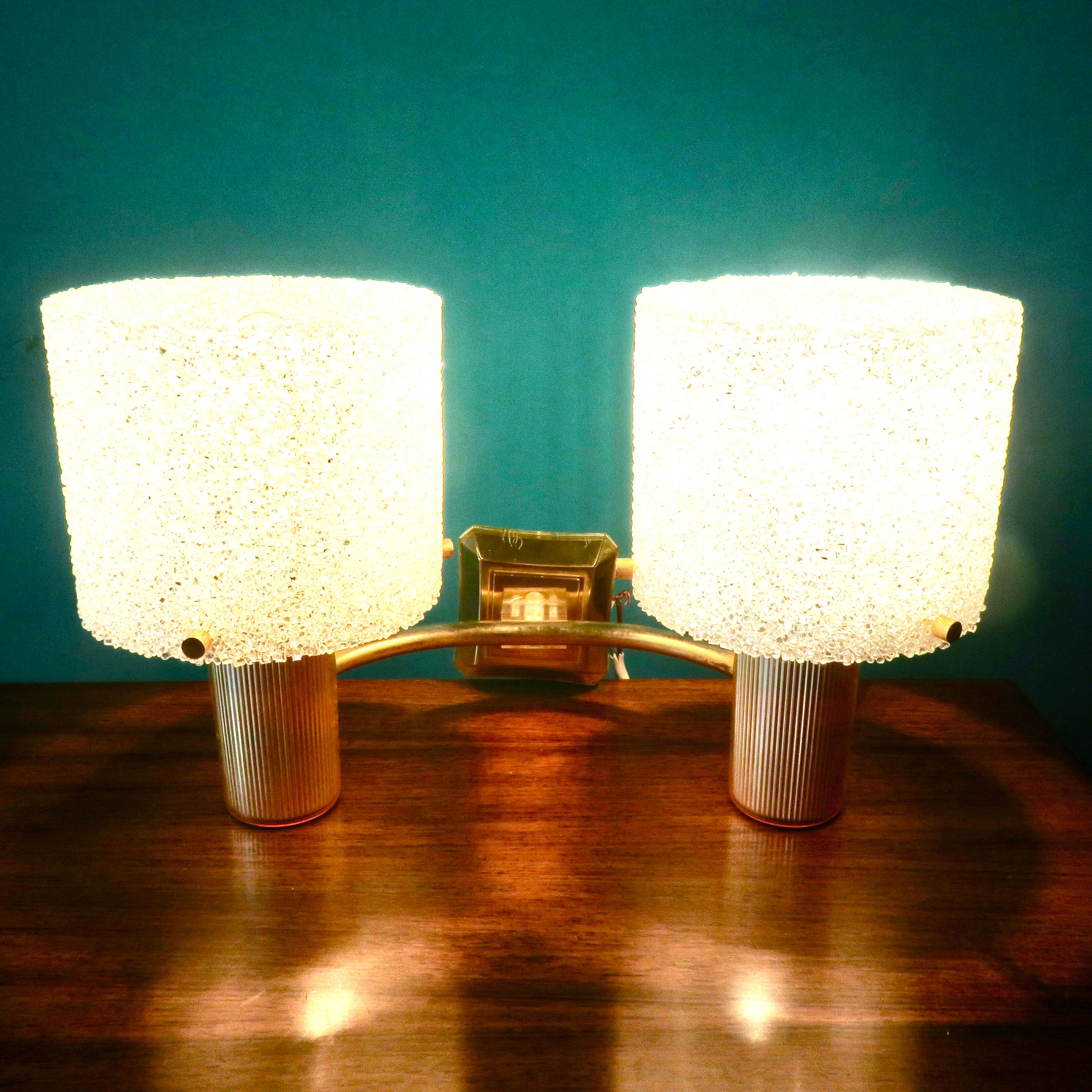 Pair of brass and gold plastic sconces with granite lampshades, France 1950