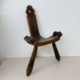 Brutalist hand carved oak Spanish tripod chair , 1970s