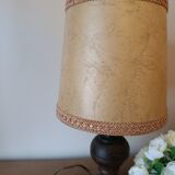 turned wooden table lamp, vintage leather shade