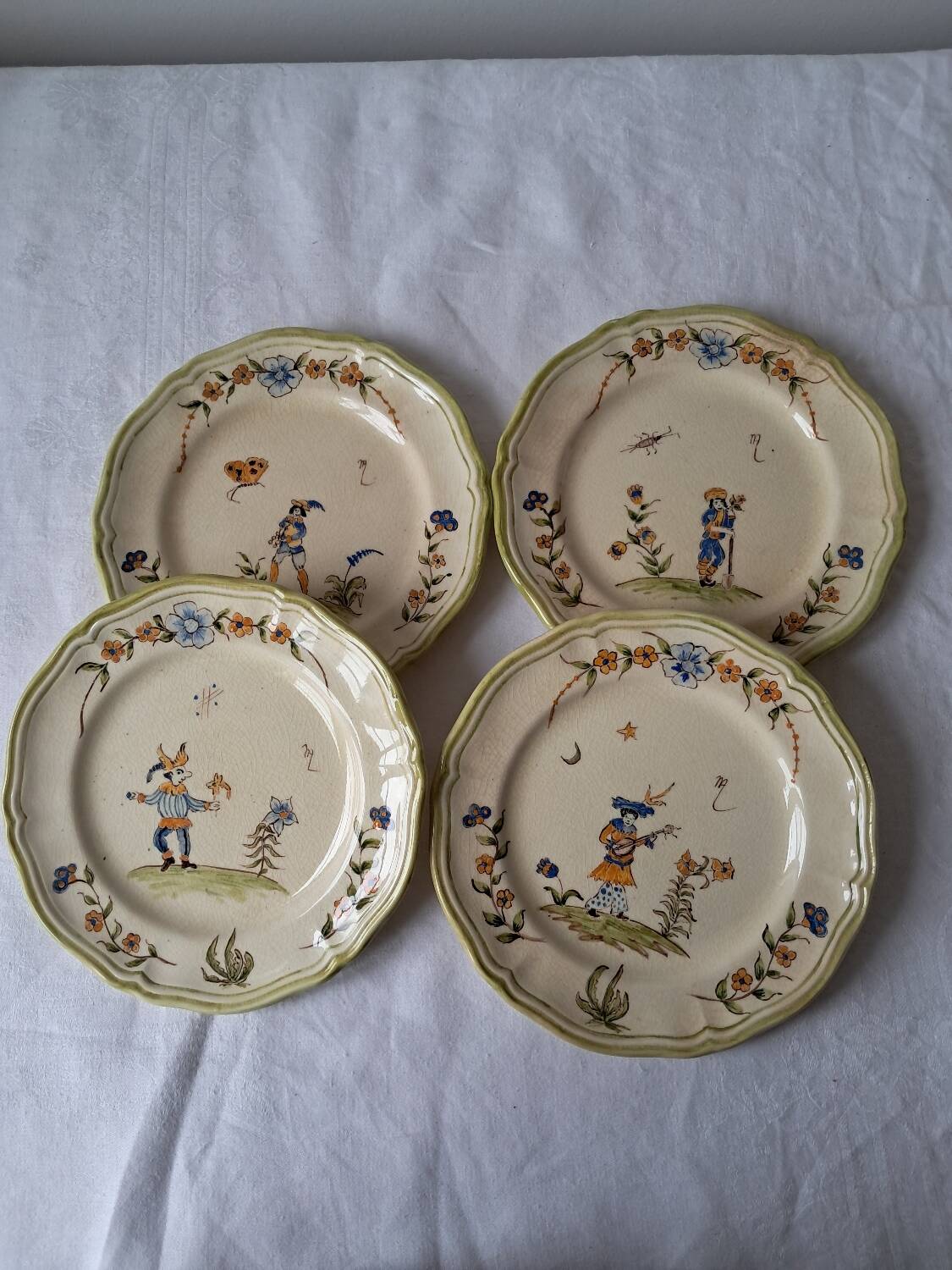 4 Moustiers Longchamp dessert plates. Hand-painted. 1986