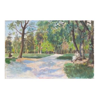 Tableau "Dans le Parc" paysage animé impressionniste J. Toussaint 1883