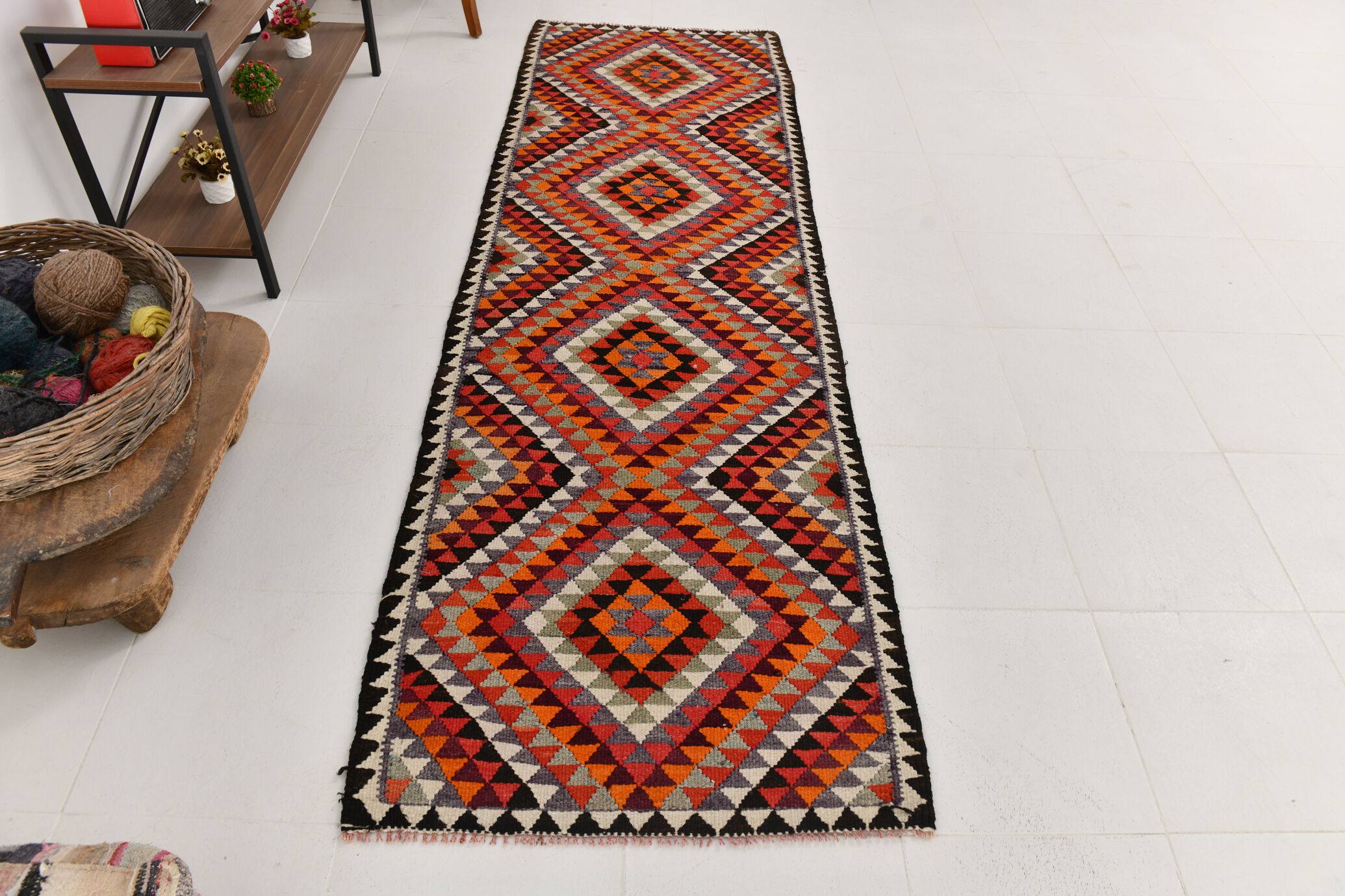3x9 geometric kilim runner rug, 86x278cm