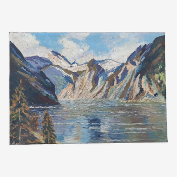 Huile sur toile "lac de montagne"