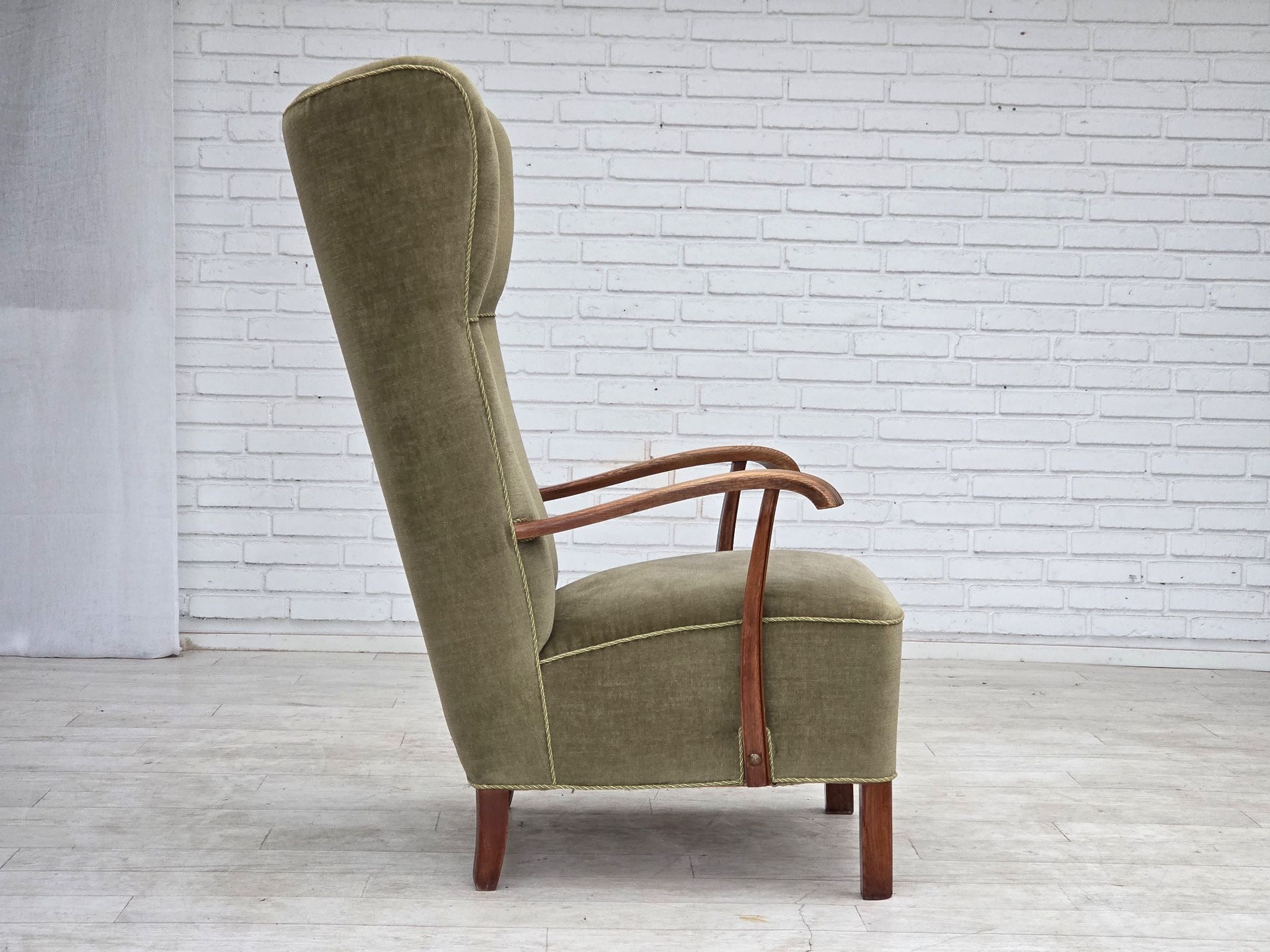 1960s, Danish highback armchair, furniture velour, oak wood.