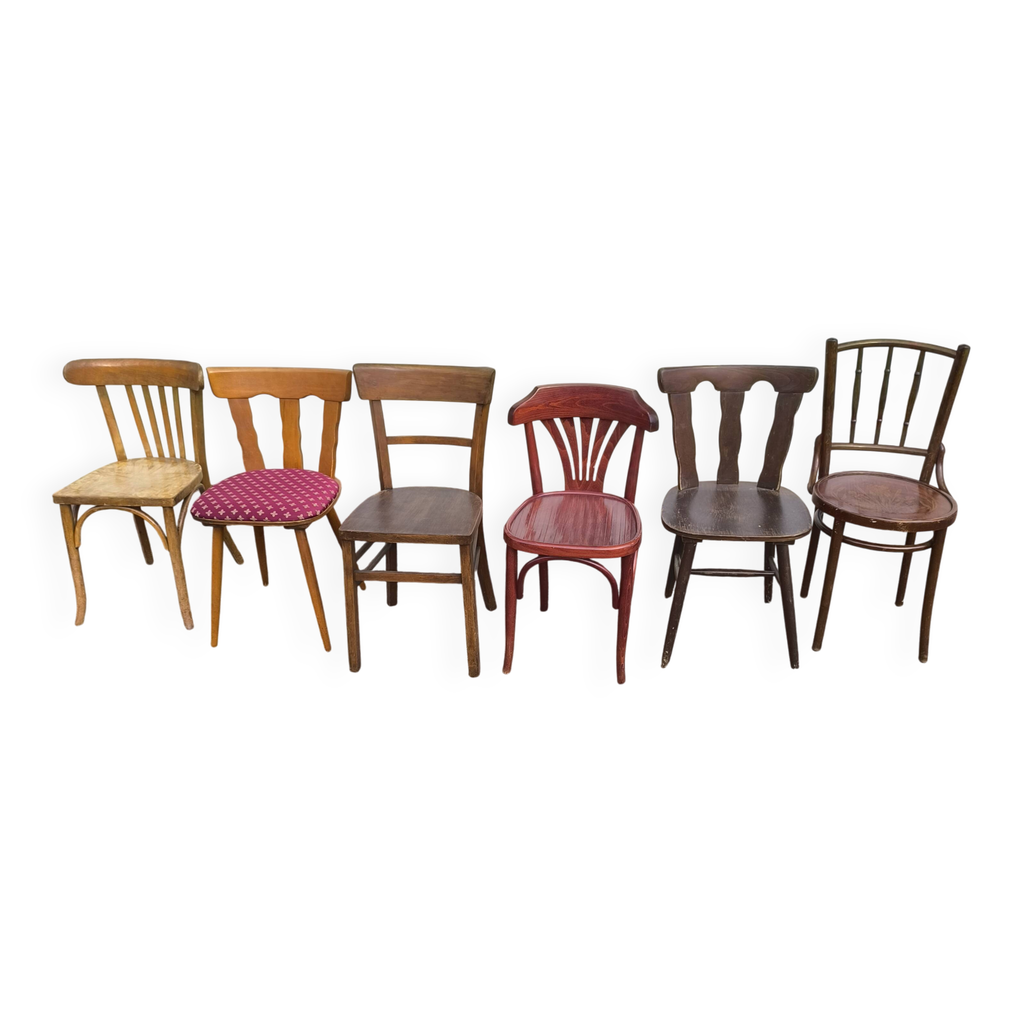 set of 6 mismatched vintage wooden bistro chairs