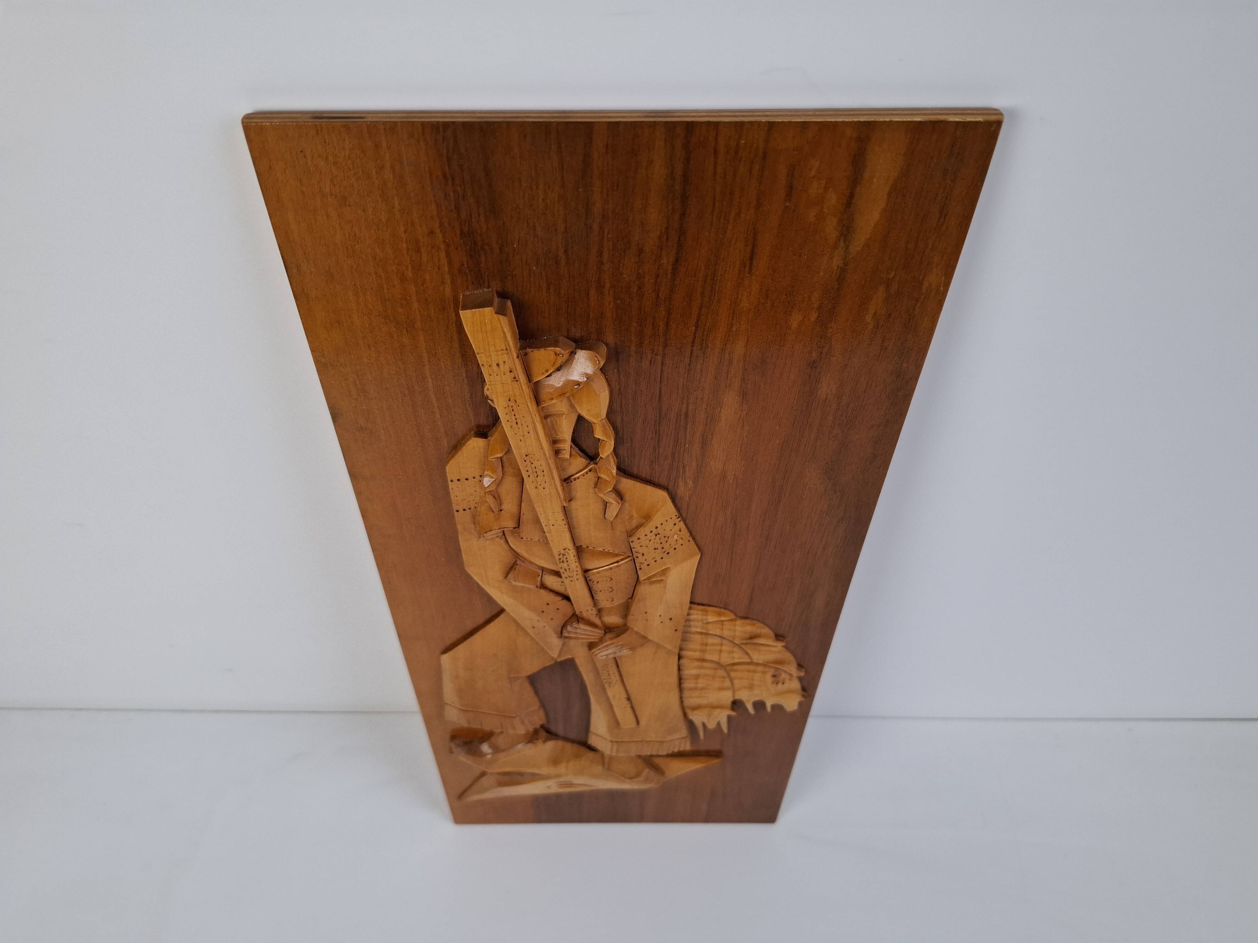 Mid-century Czech hand-carved wooden shepherd wall relief, 1960.