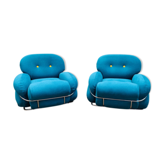 Pair of bleu and yellow armchairs, italy, 1960s