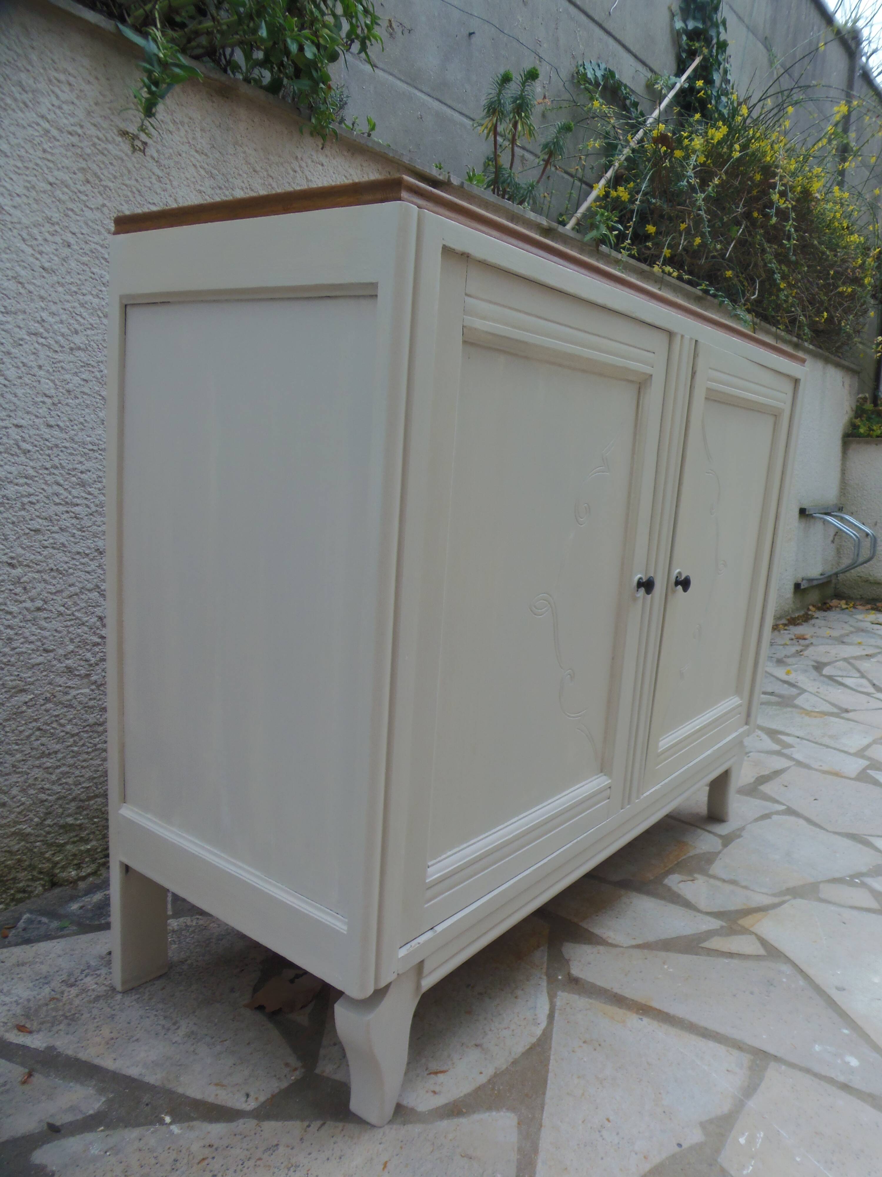 Vintage beige sideboard, oak top.