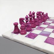 1970s Stunning Pink and White Chess Set in Volterra Alabaster Handmade Made in Italy