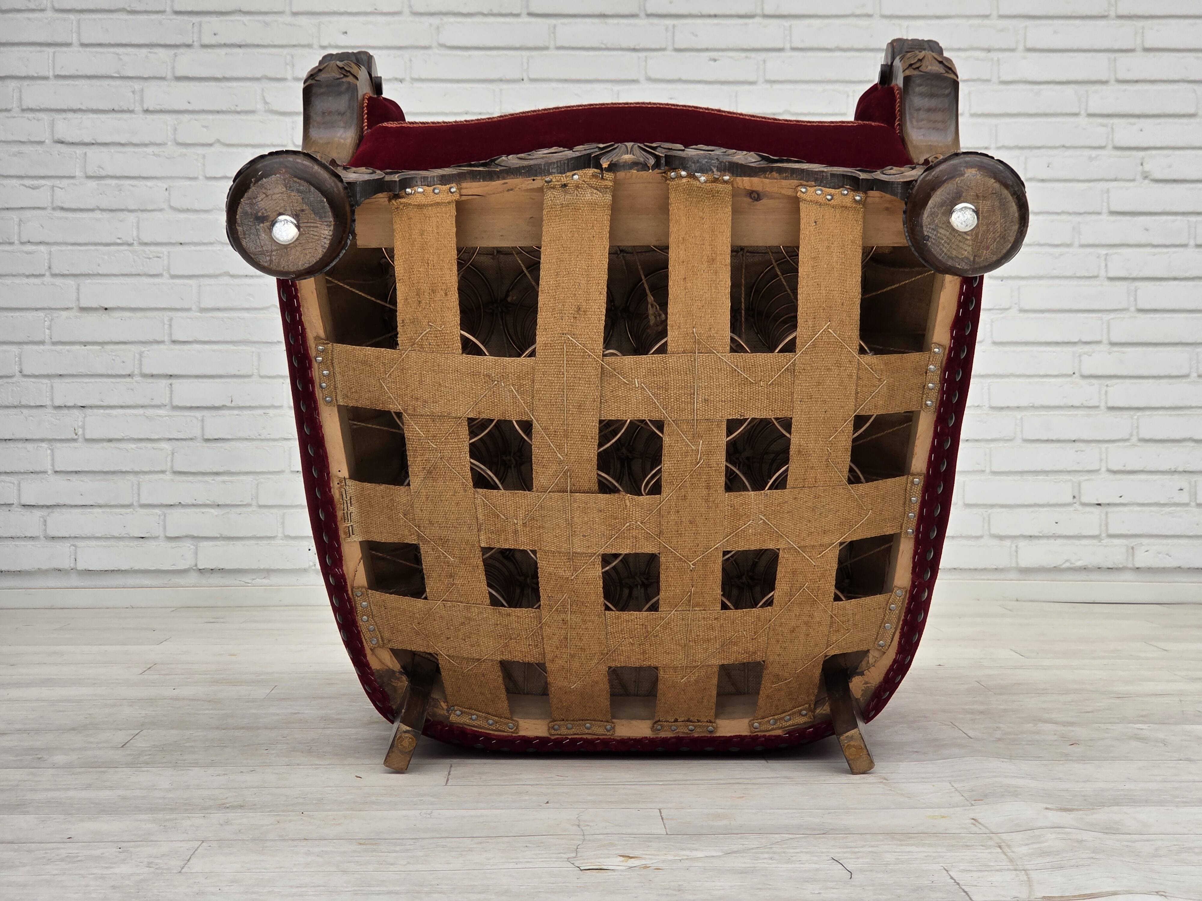 1960s, Danish relax chair, cherry-red furniture velour, oak wood.