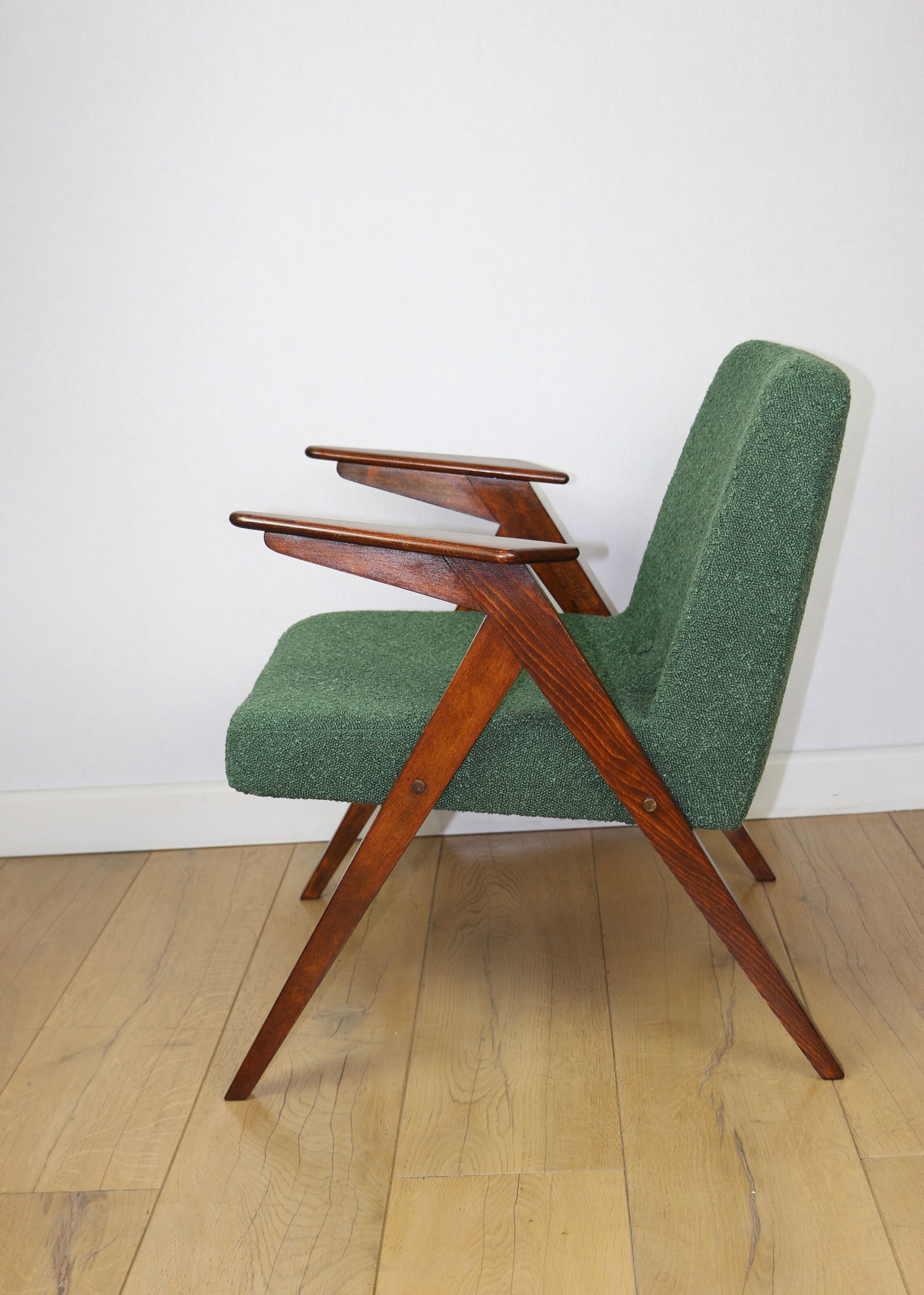 Bunny armchair, 1970s green boucle by J. Chierowski - 2 pieces available