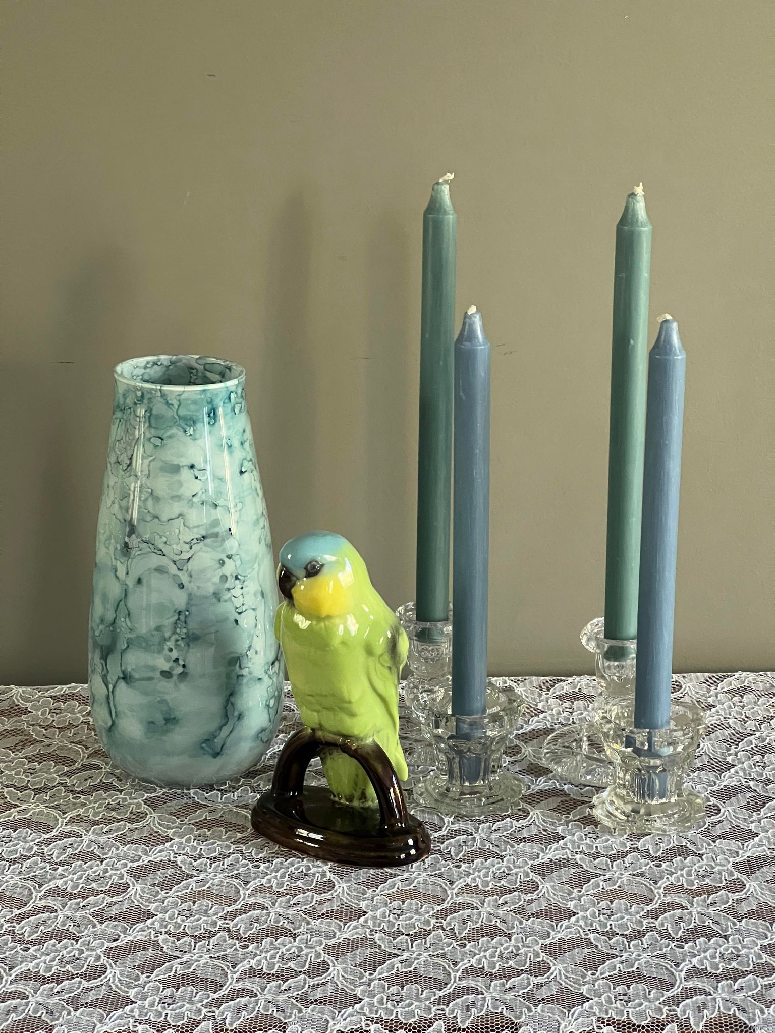 Blue speckled and marbled glass vase