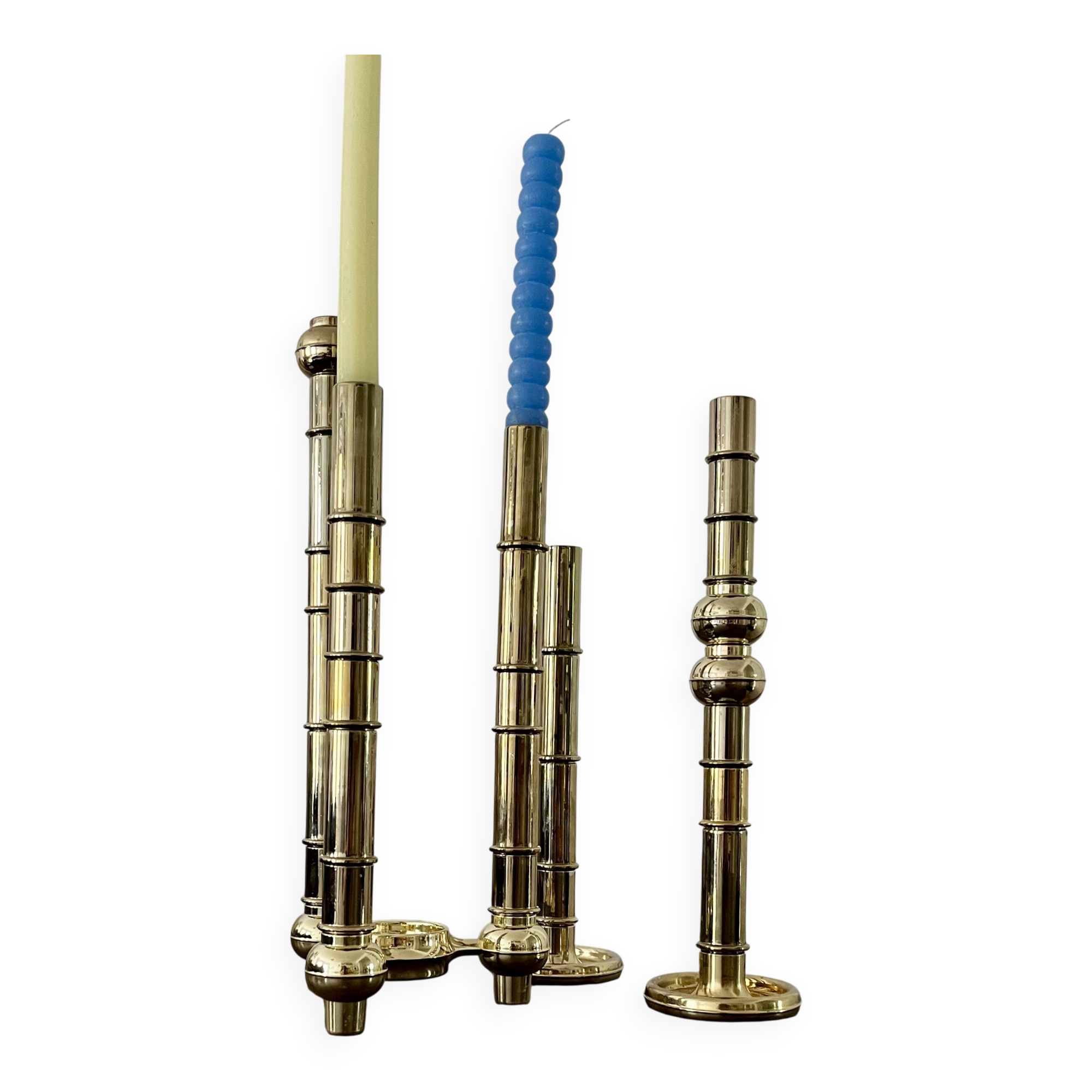 Very Rare Modular Scandinavian Brass Candlestick, 33-Piece Mid-Century Plug