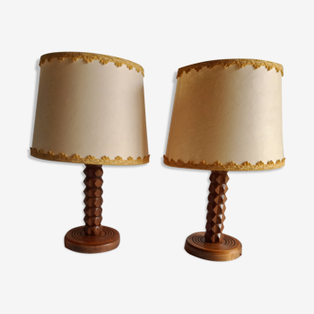 Vintage turned wooden bedside lamps
