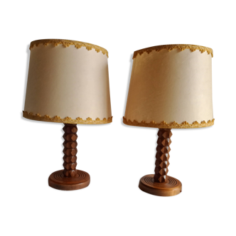 Vintage turned wooden bedside lamps