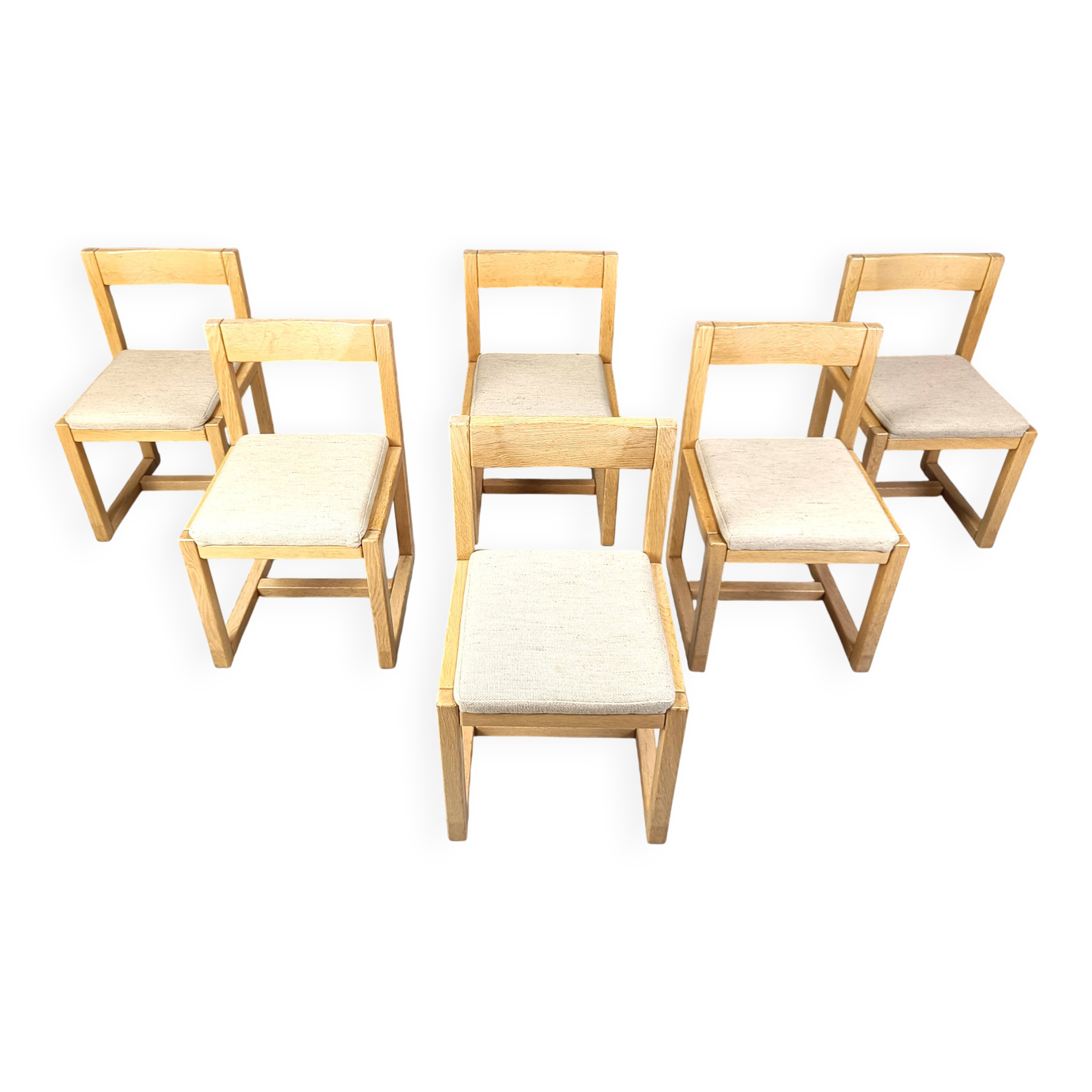 6 Brutalist oak and grey fabric dining chairs, 1970s