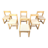 6 Brutalist oak and grey fabric dining chairs, 1970s