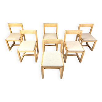 6 chaises de salle à manger brutalistes en chêne et tissu gris, années 1970