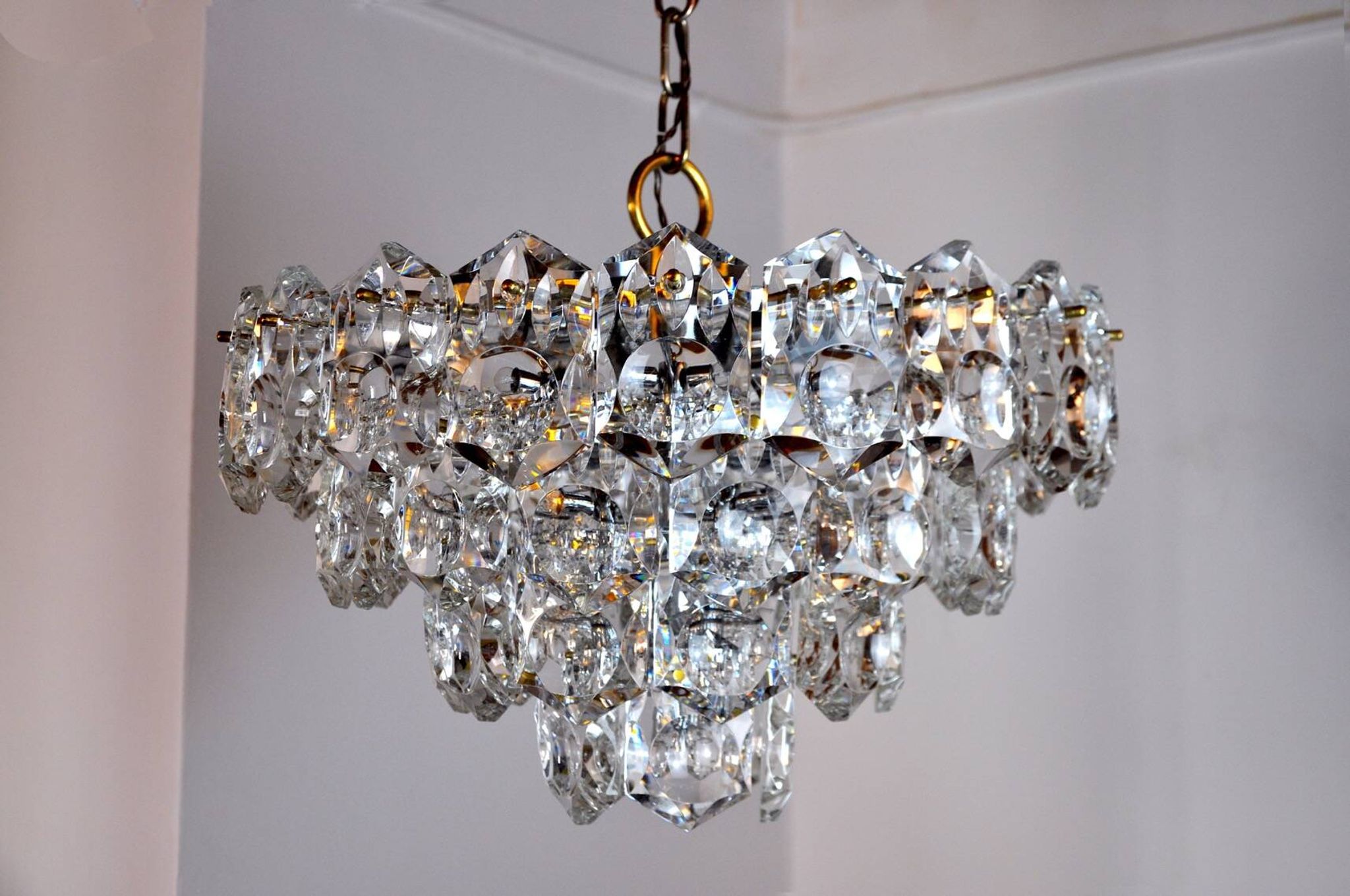 Kinkeldey golden chandelier, cut glass, 4 levels, Germany, 1970