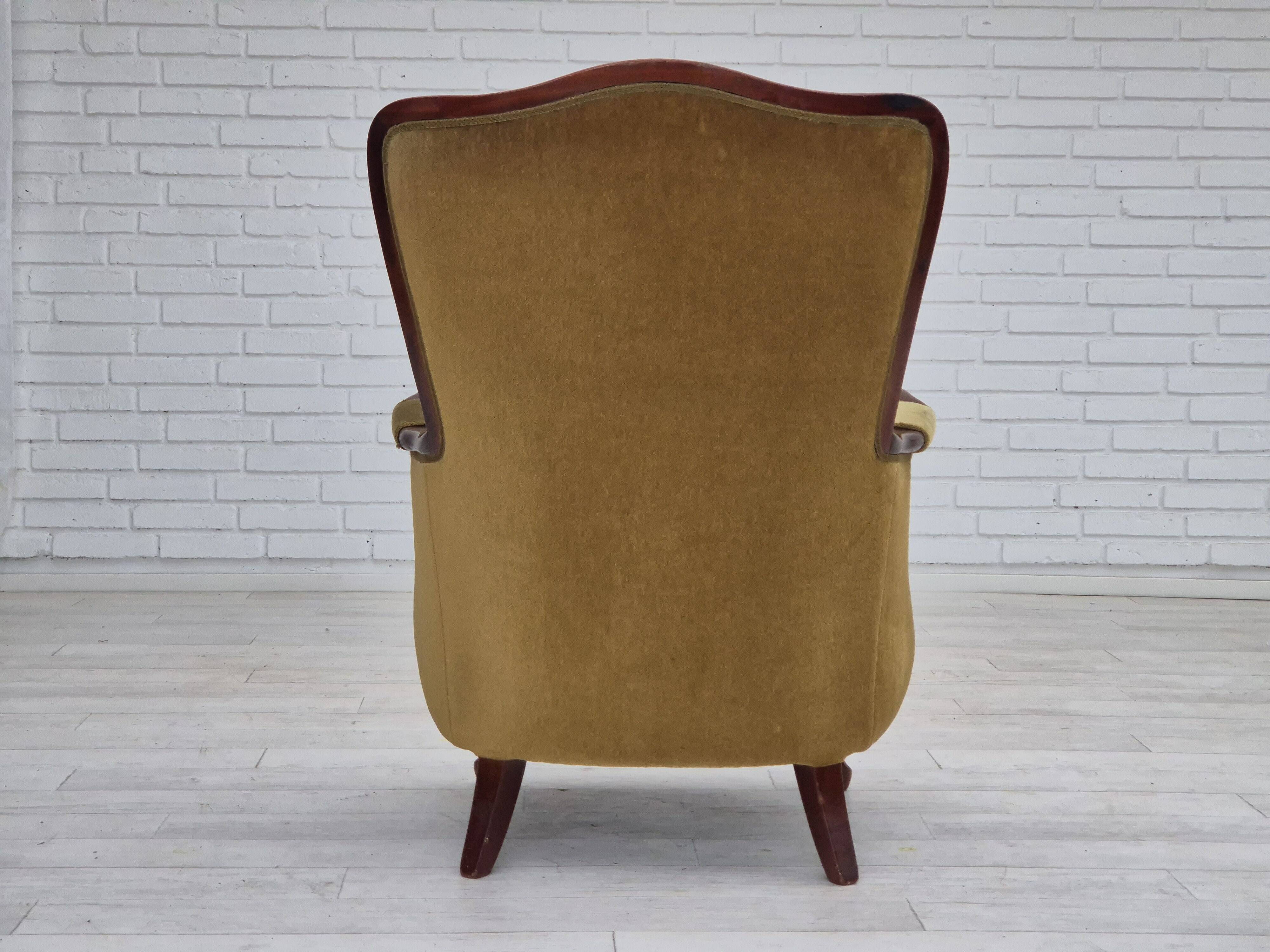 1950s, Danish highback armchair, original upholstery, green velour.