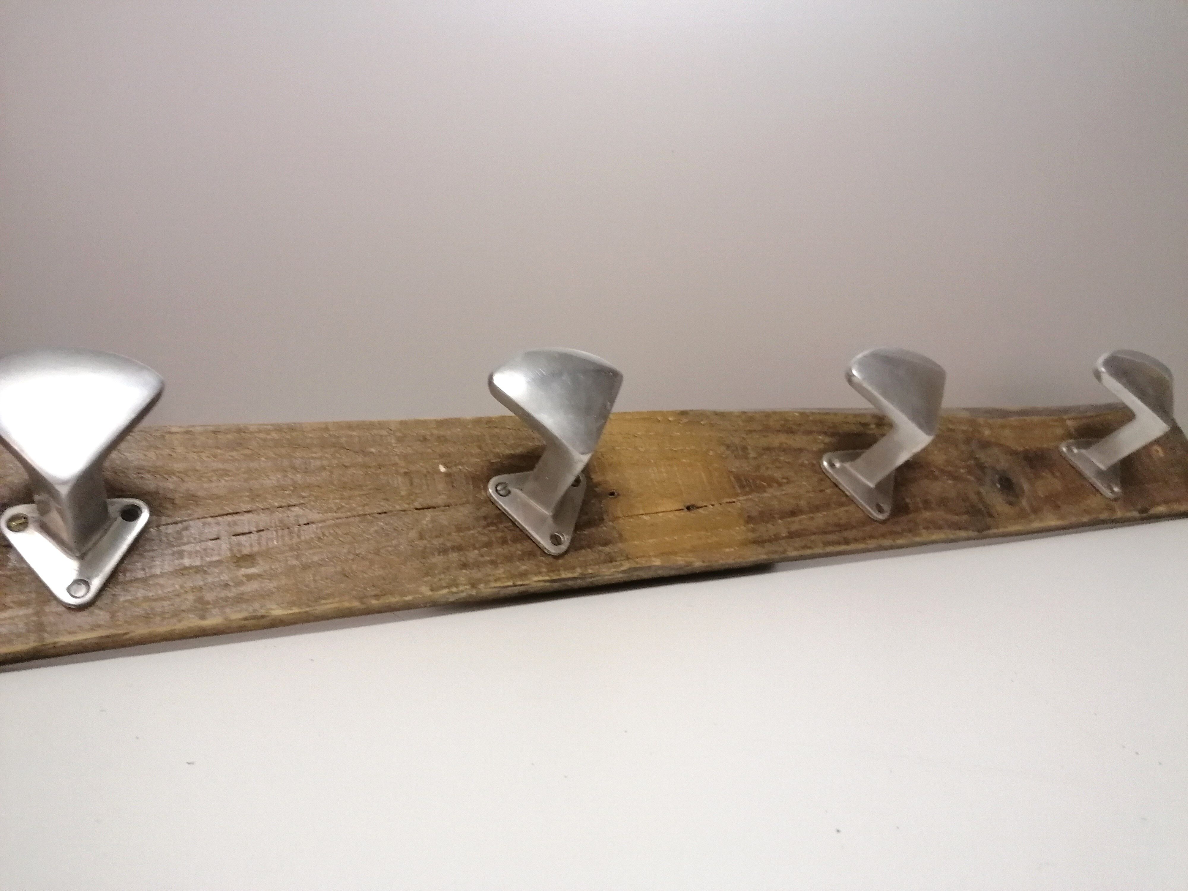 Former farm coat rack - 4 metal patères - wood support - 50s