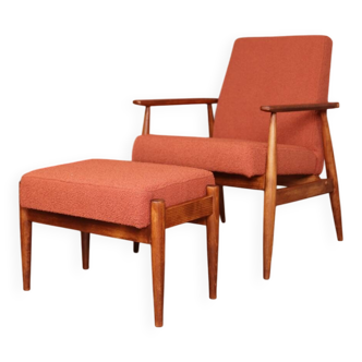 Vintage armchair and footrest papaya orange buckle by H.Lis