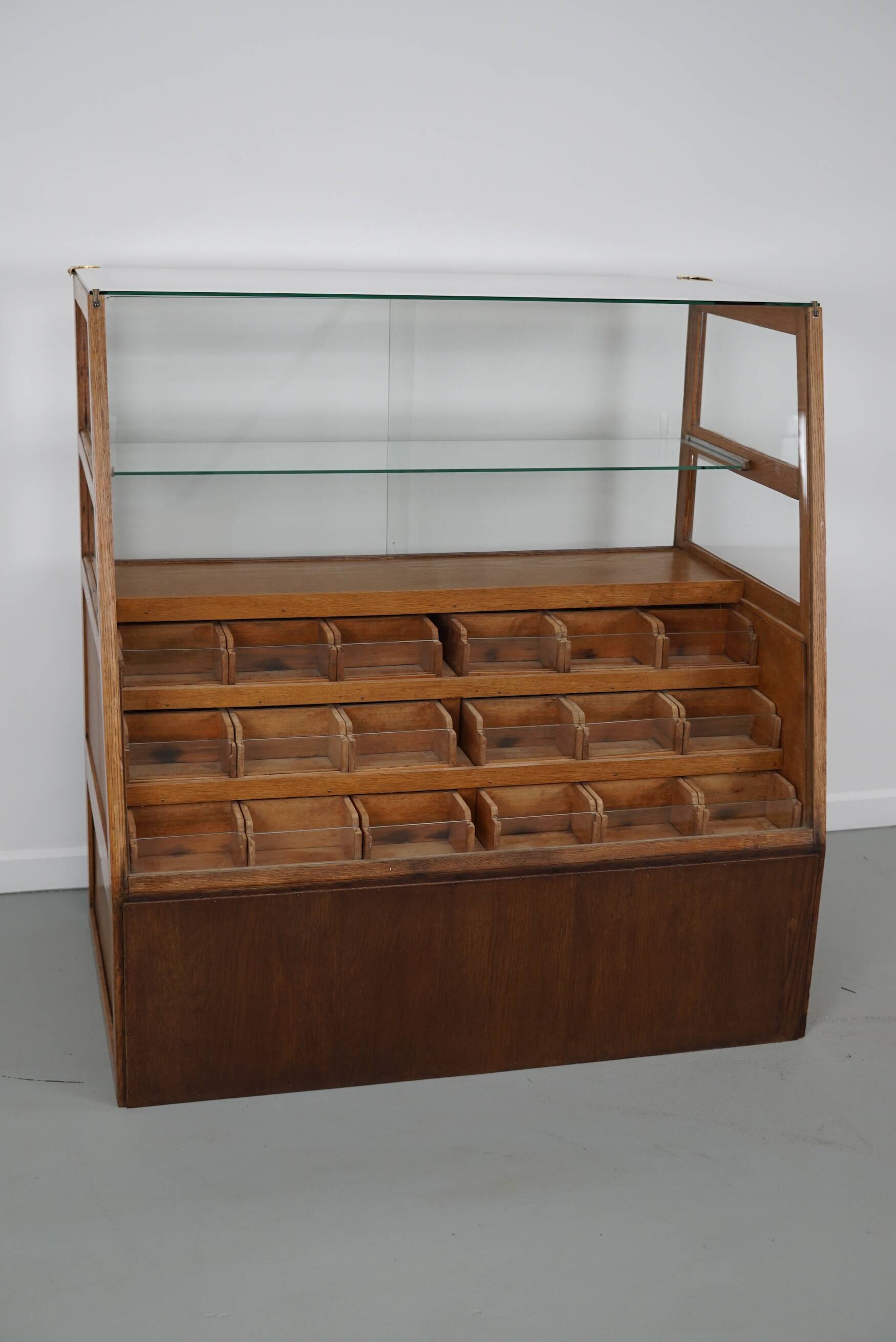 Antique Spanish beech & oak haberdashery cabinet or shop counter, 1950s