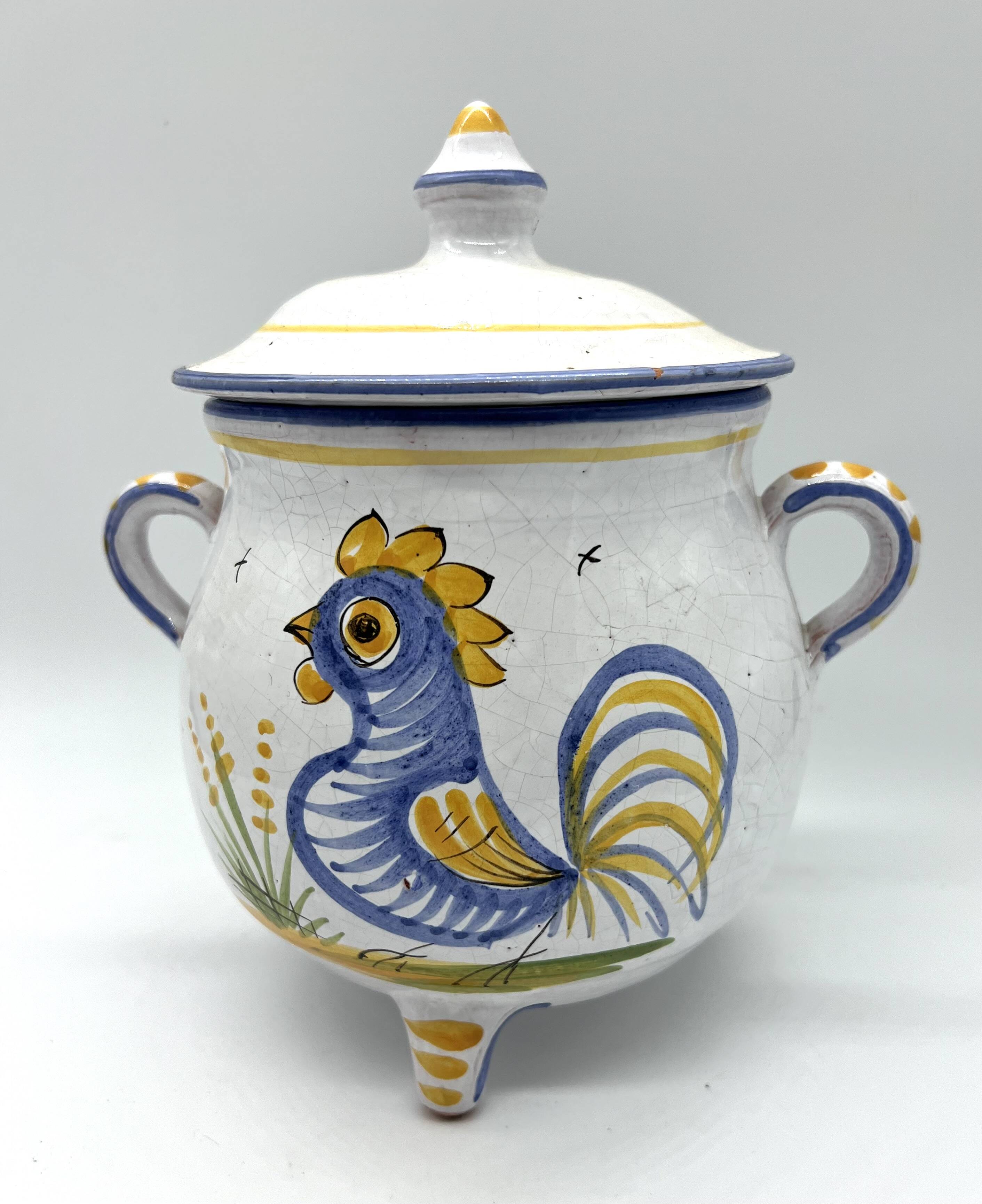 Covered earthenware pot with rustic decor – rooster motif – 20th century