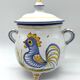 Covered earthenware pot with rustic decor – rooster motif – 20th century