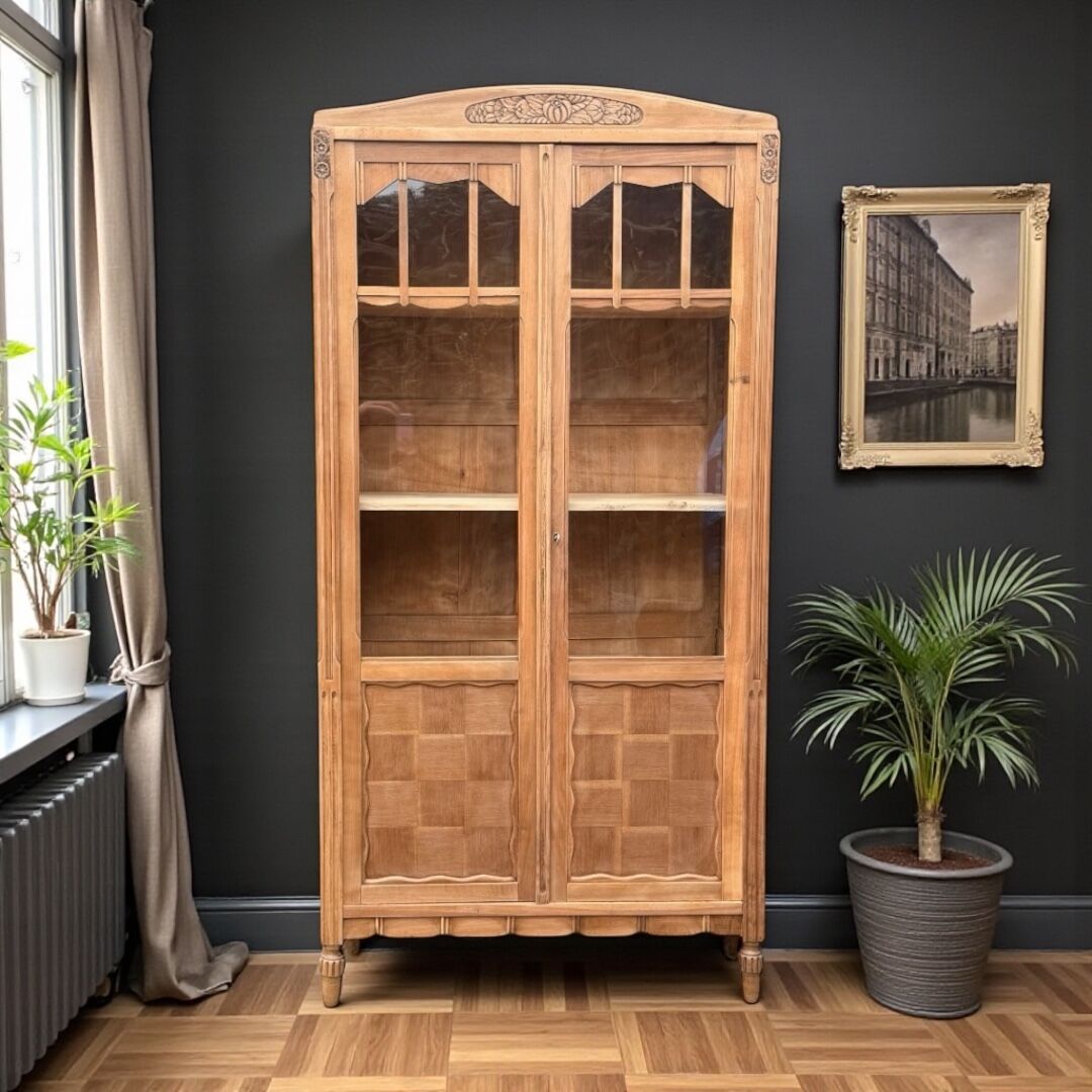 Parisian glass-fronted Art Deco wardrobe in solid raw walnut.