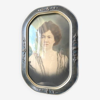Cadre photo géant antique v argenté et bleu, peint à la main en noir et blanc, portrait antique d'une dame avec verre à bulles convexe cadre 53 cm x 35 cm