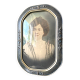 Cadre photo géant antique v argenté et bleu, peint à la main en noir et blanc, portrait antique d'une dame avec verre à bulles convexe cadre 53 cm x 35 cm