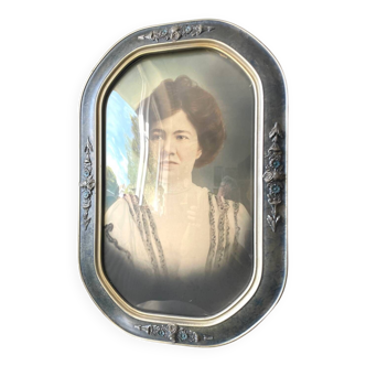 Giant antique  v silver & blue colored picture frame  hand painted black & white  antique photo portait of a lady   with convex   bubble glass   frame  53 cm x 35 cm