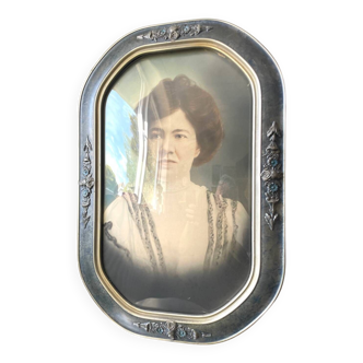 Cadre photo géant antique v argenté et bleu, peint à la main en noir et blanc, portrait antique d'une dame avec verre à bulles convexe cadre 53 cm x 35 cm