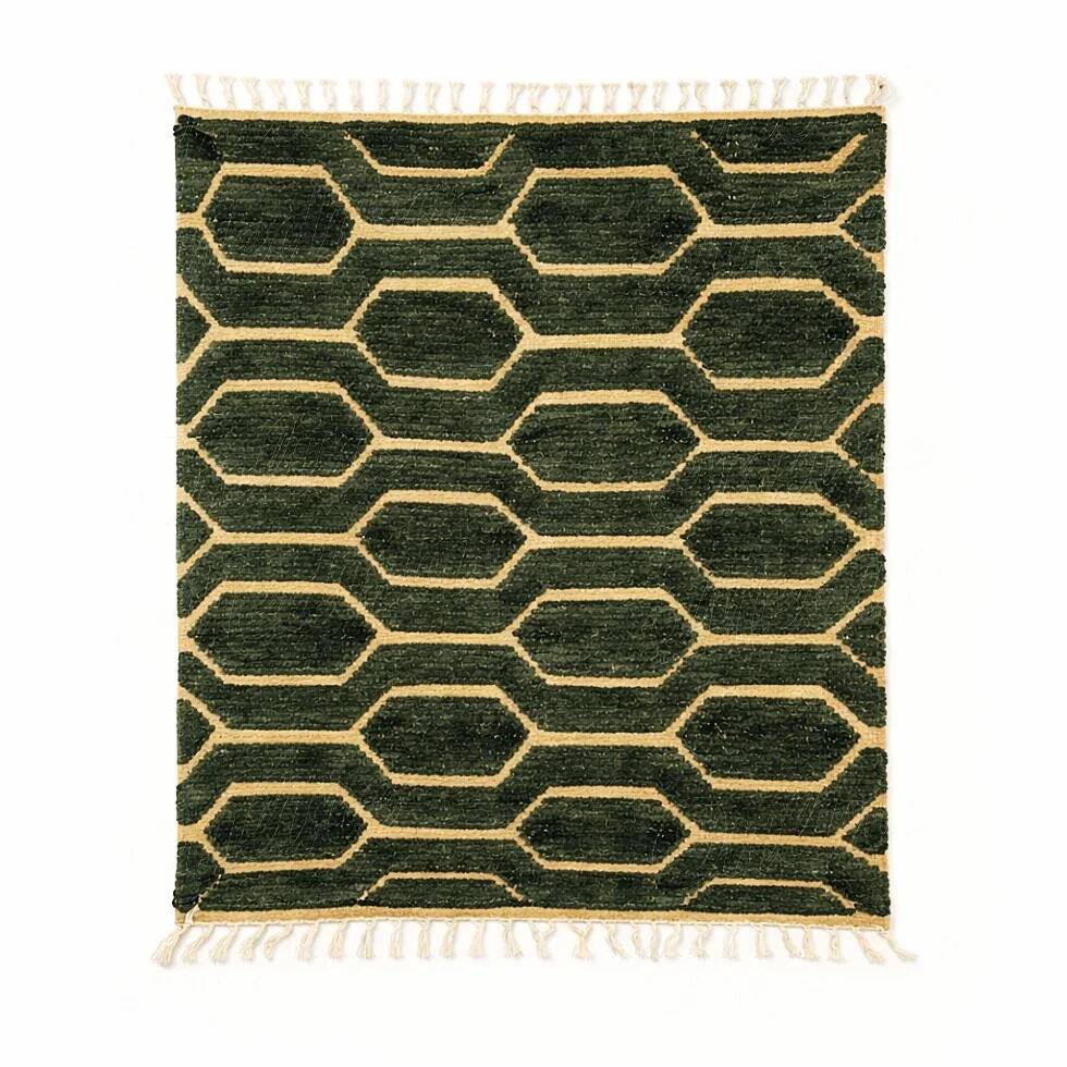 Green Boujad rug with a hexagonal pattern.