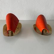 Pair of orange plexiglass and curved brass wall lights, 1950s, Germany