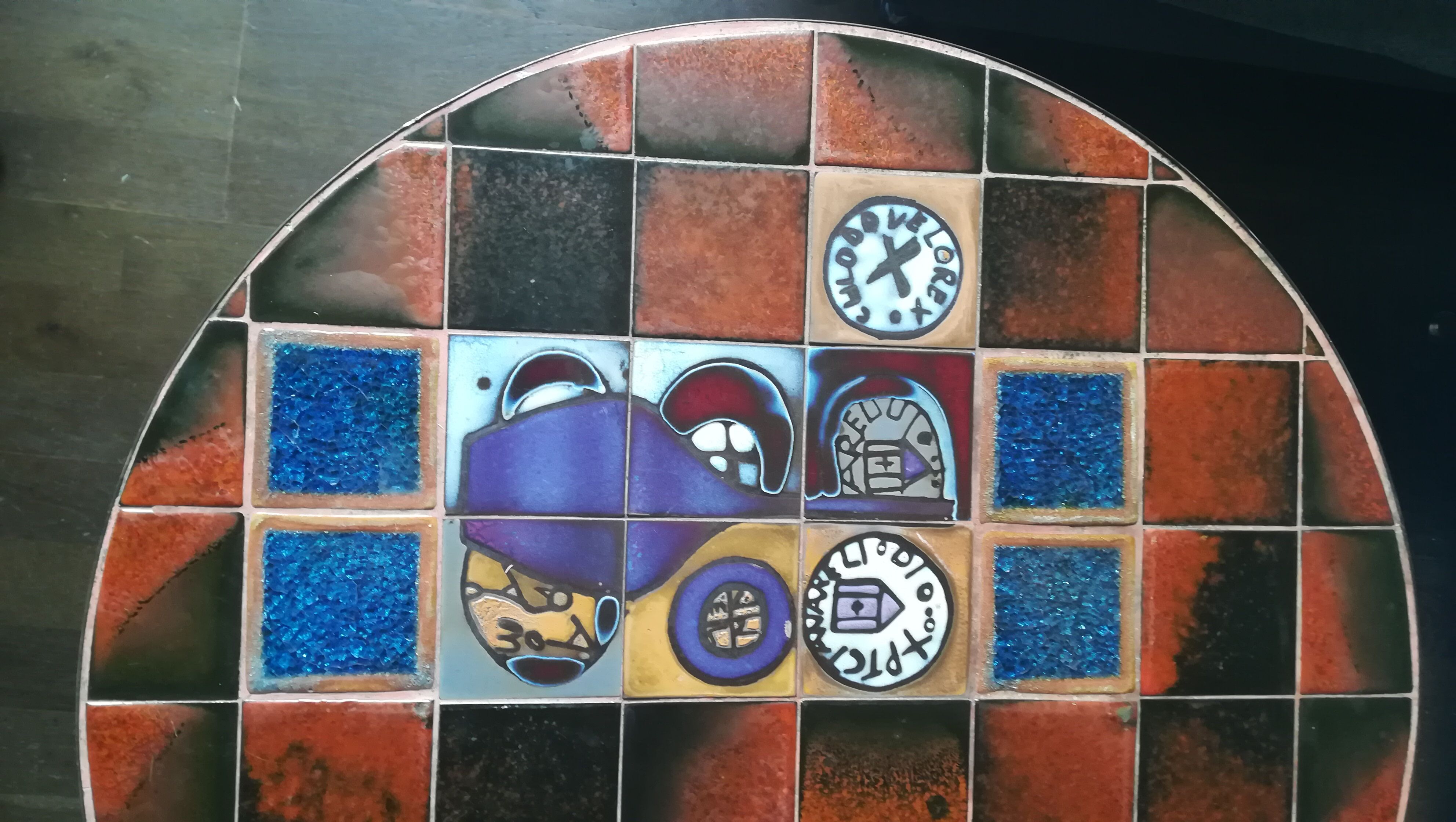 Coffee table, ceramic tray, metal feet, circa 1960