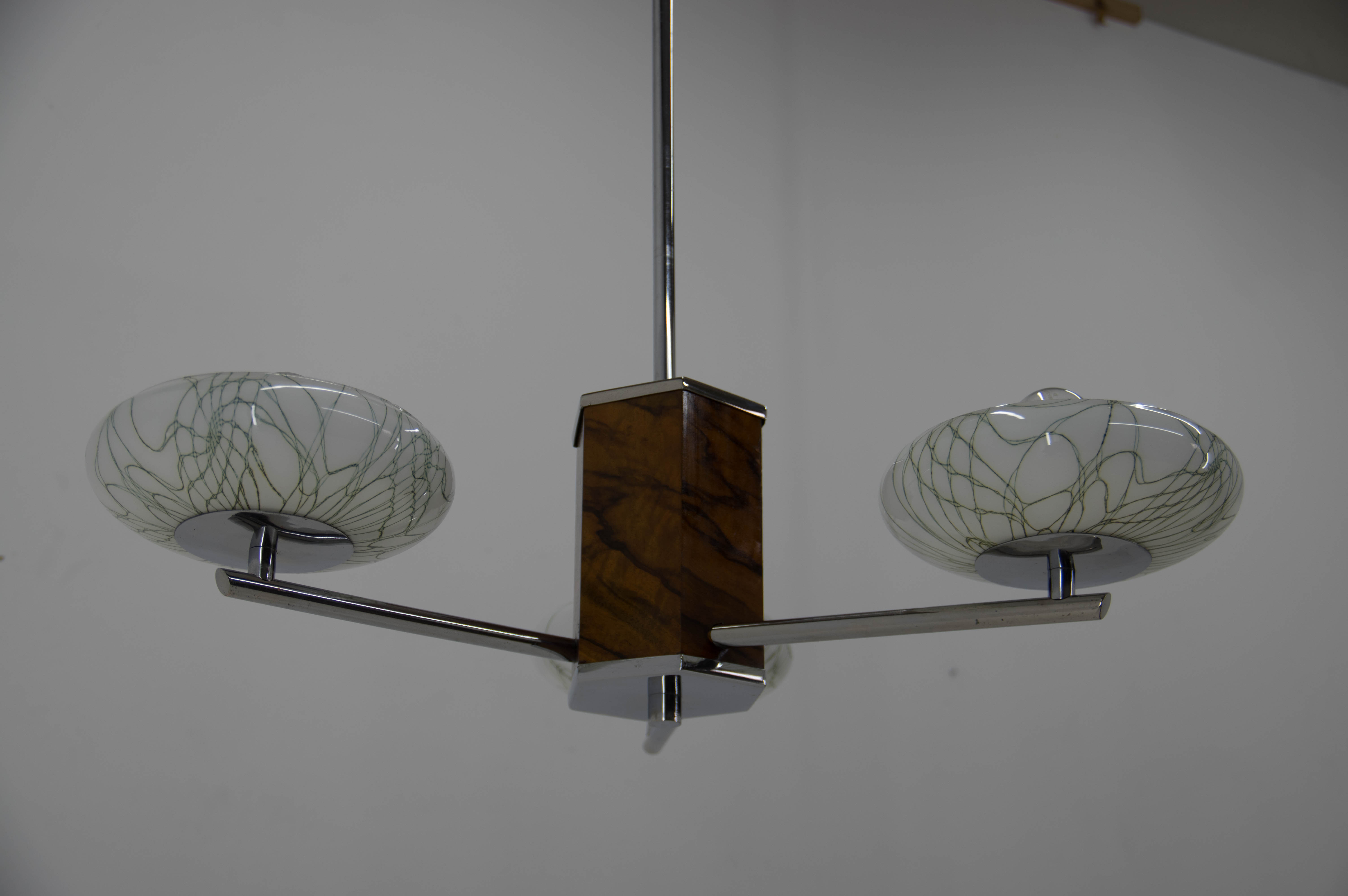 Art deco wood chrome and glass chandelier, 1940s, restored