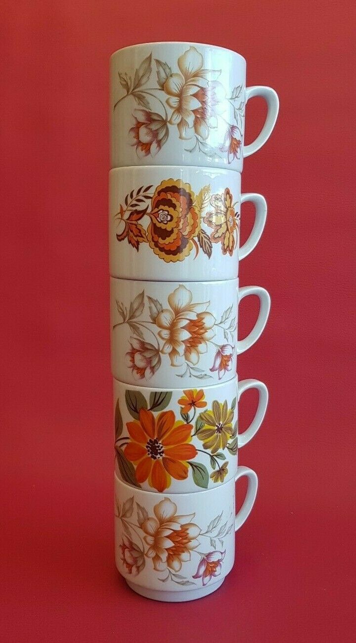 5 cups vintage mugs décor flowers orange Monopoli