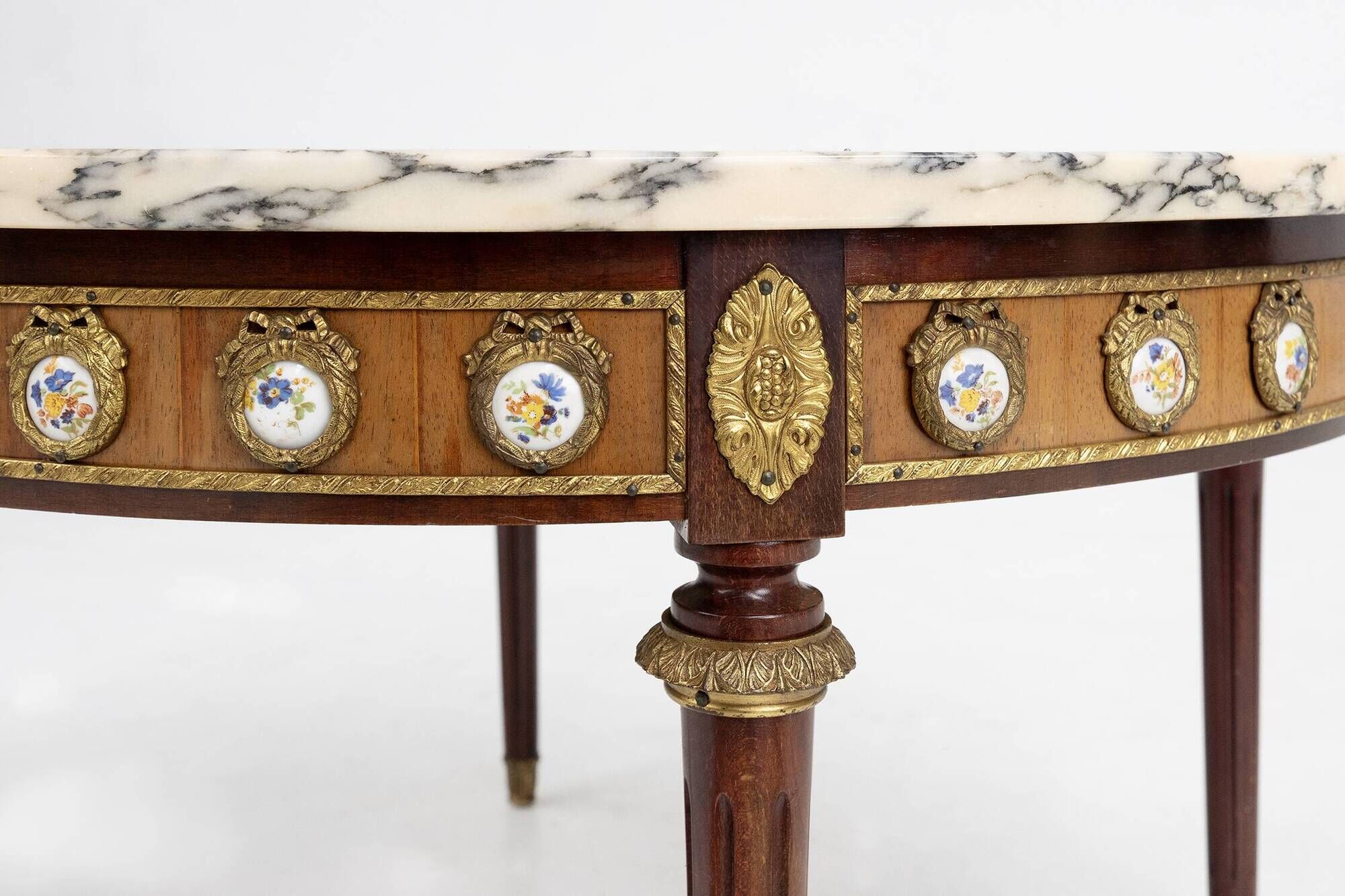 French coffee table with pink marble top and Limoges plaques, ca. 1950