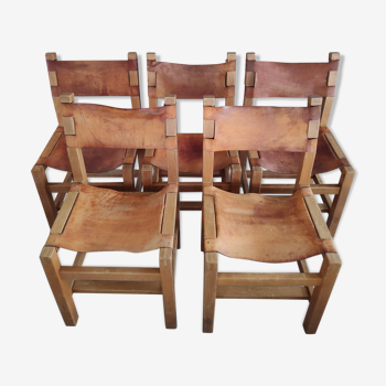Lot de 5 chaises Maison Regain en orme massif & cuir naturel années 60