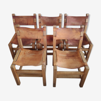 Lot of 5 Maison Regain chairs in solid elm natural leather 1960